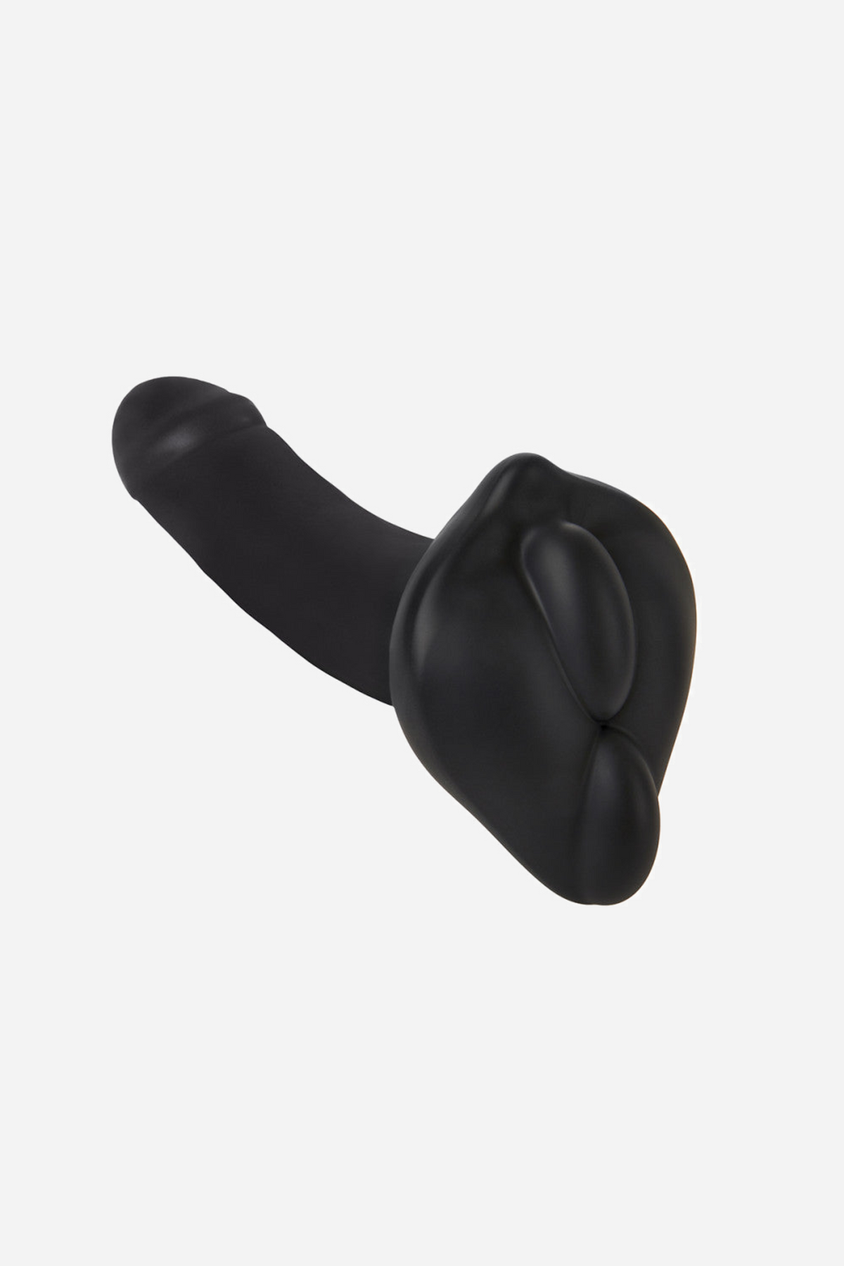 The black BumpHer pad fitted at the base of a black dildo, angled to show how the cushion sits behind the curved silicone shaft.