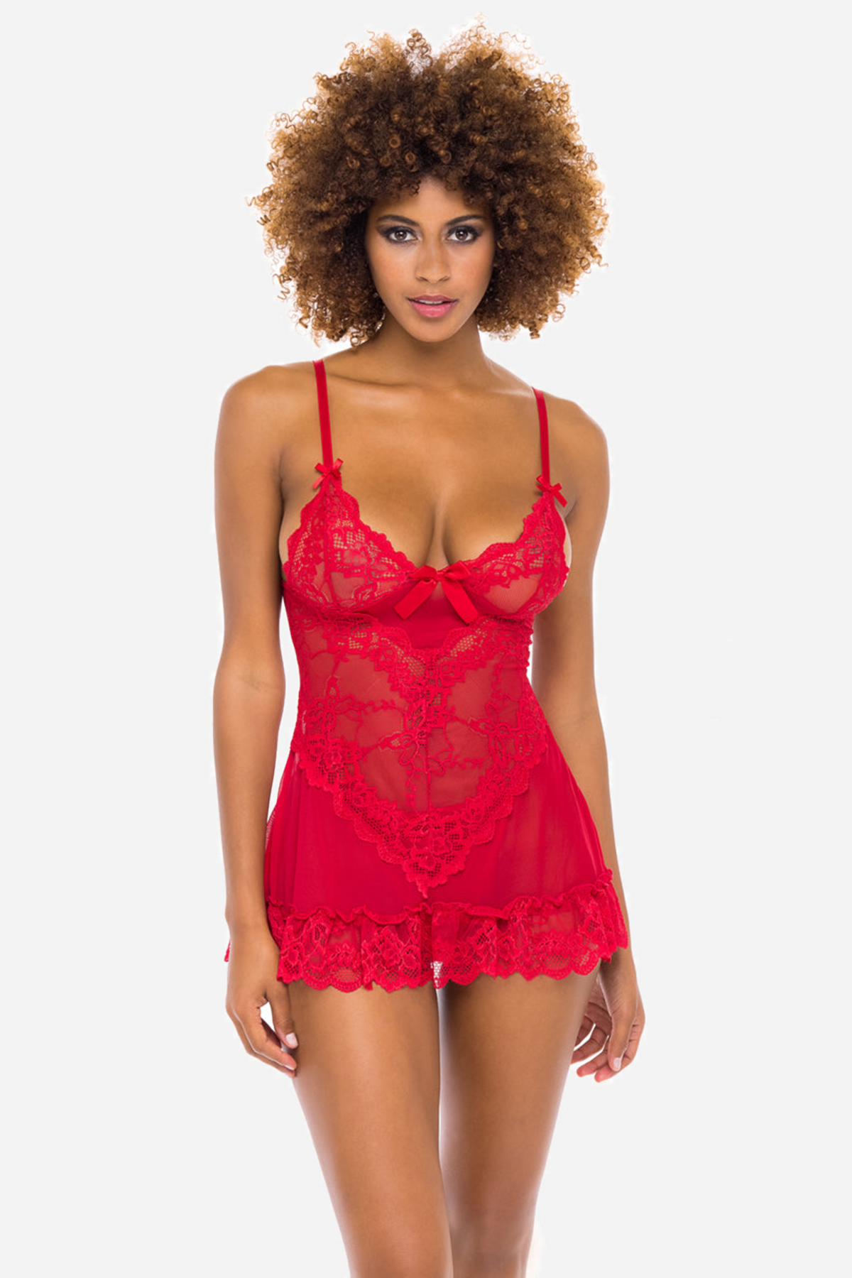 Front view of the red lace babydoll, showing the sheer lace cups, the bow at the neckline and the ruffled hem over a matching thong