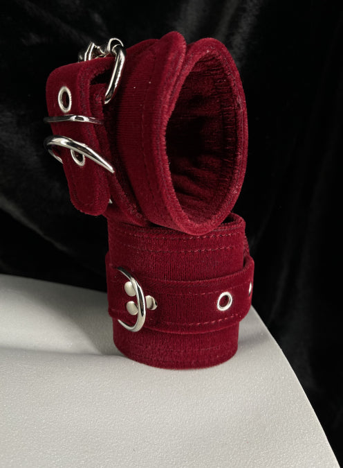Caress Double D Ring Velvet Cuffs in Burgundy
