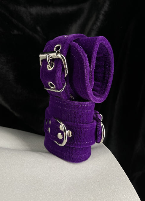 Caress Double D Ring Velvet Cuffs in Purple