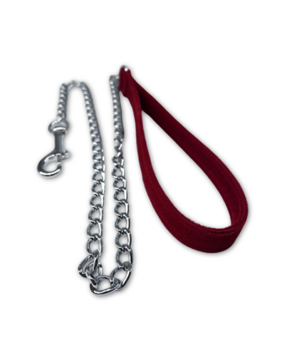 burgundy red velvet handle to a 30in chrome leash for kinky play