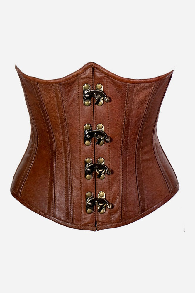 Front of the Cersei underbust corset in natural tan leather with four antique brass hook clasps down the front and steel boning