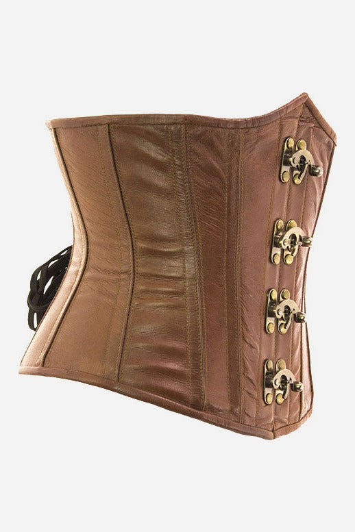 Side view of the natural leather Cersei underbust corset showing its curved hip line, brass clasp busk and black back lacing