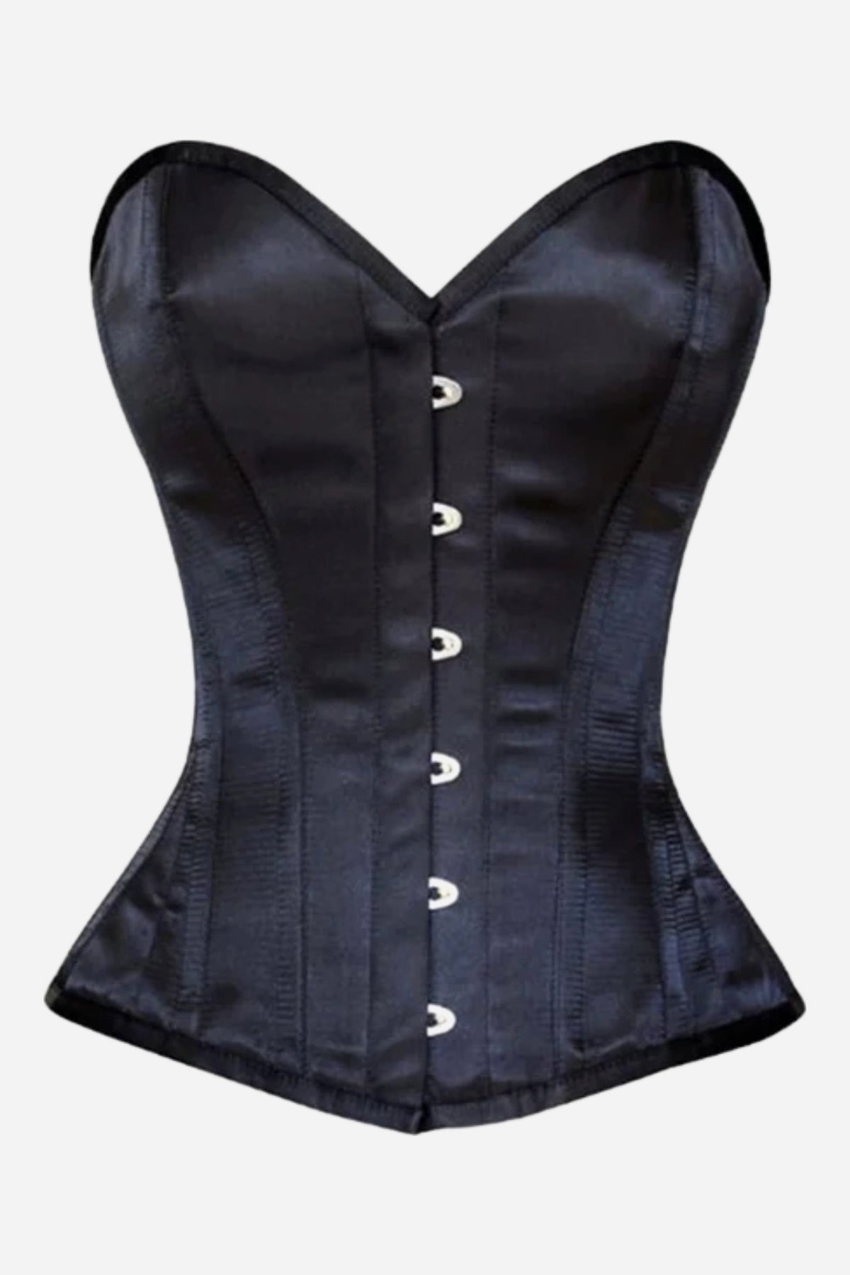 Front of the Certainly Sweetheart overbust corset in black satin with a sweetheart neckline, steel boning and silver front busk clasps