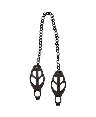 clover style black nipple clamps with matching black chain for advanced bdsm players