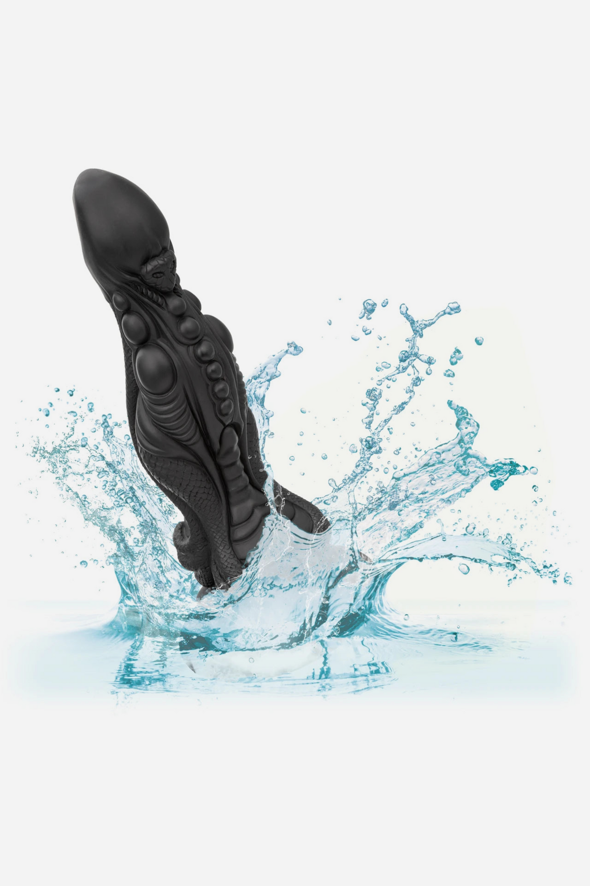 Black Colossus Monster Fantasy Dildo splashing into water, showing it is waterproof and easy to clean for bath or shower play, on grey