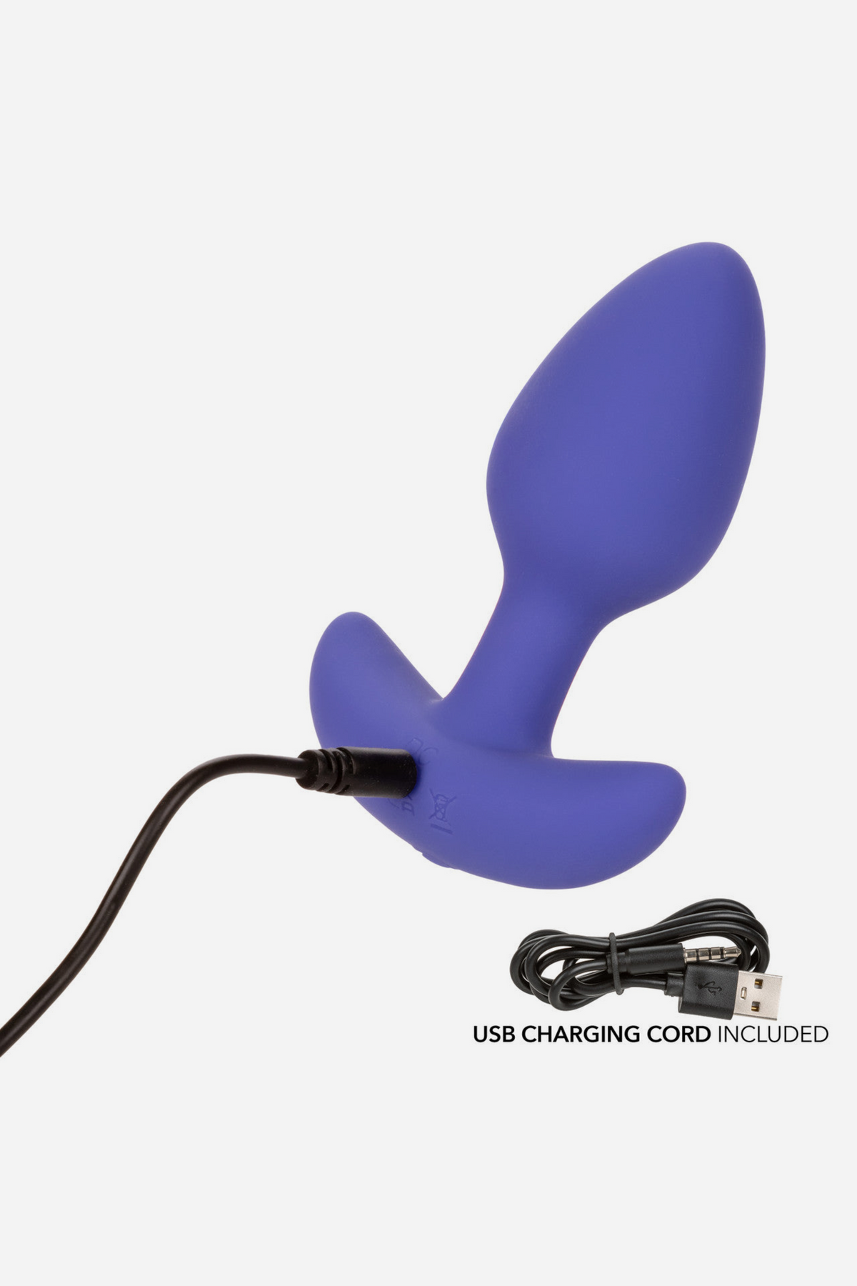 Connect Us app controlled plug in periwinkle purple with its USB charging cable connected to the base, on a light grey background