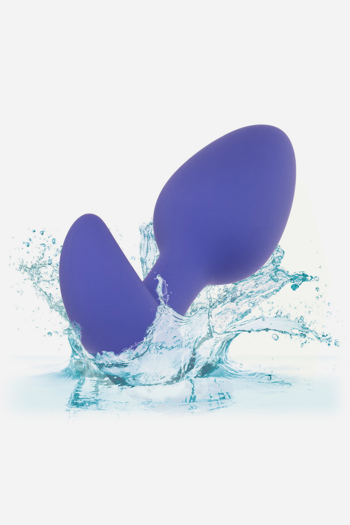 Connect Us app controlled plug in periwinkle purple being splashed with water to show it is waterproof, on a light grey background