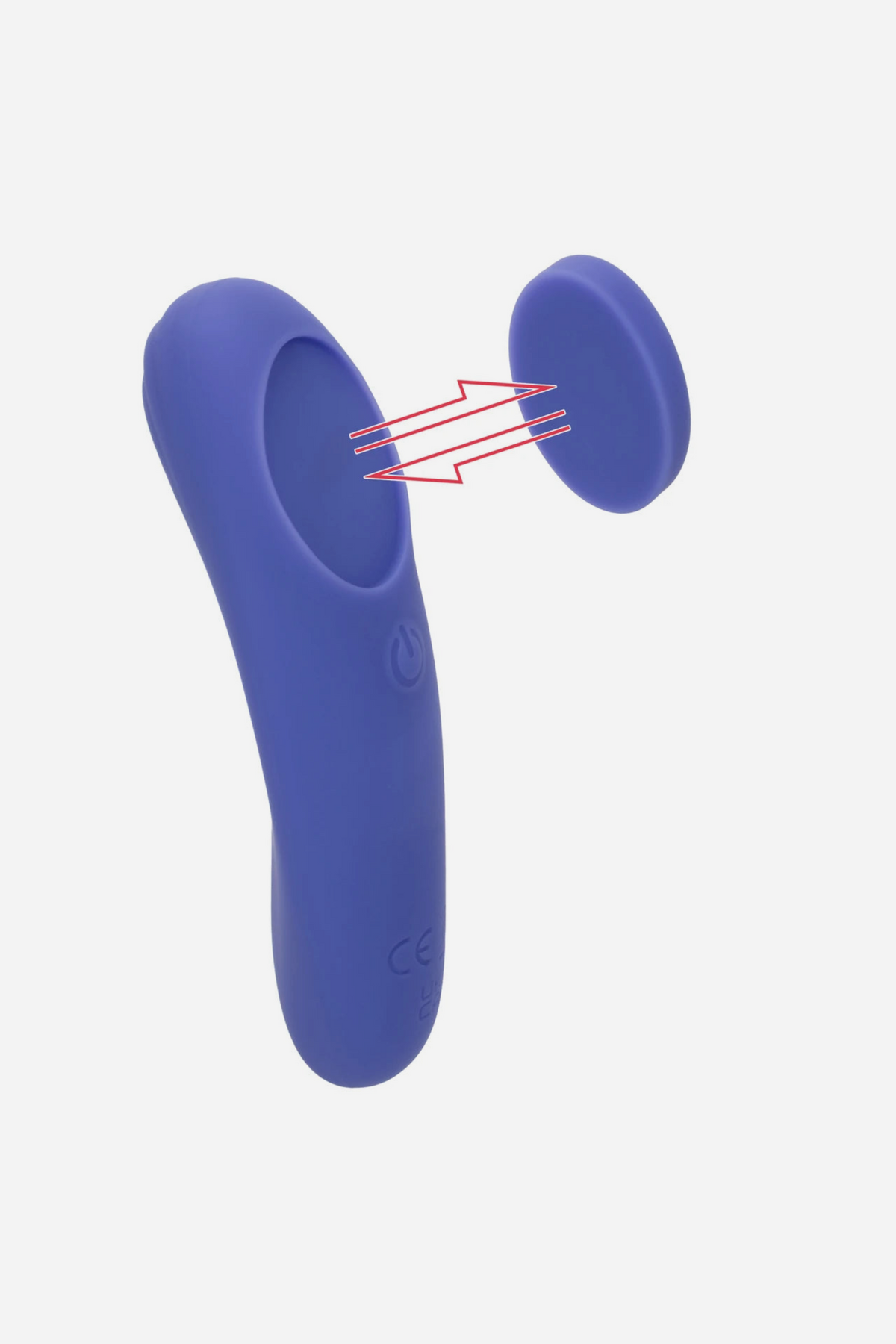 Connect Us Wearable Panty Vibe beside its round magnetic clip, with arrows showing how the magnet holds the toy in place through underwear fabric