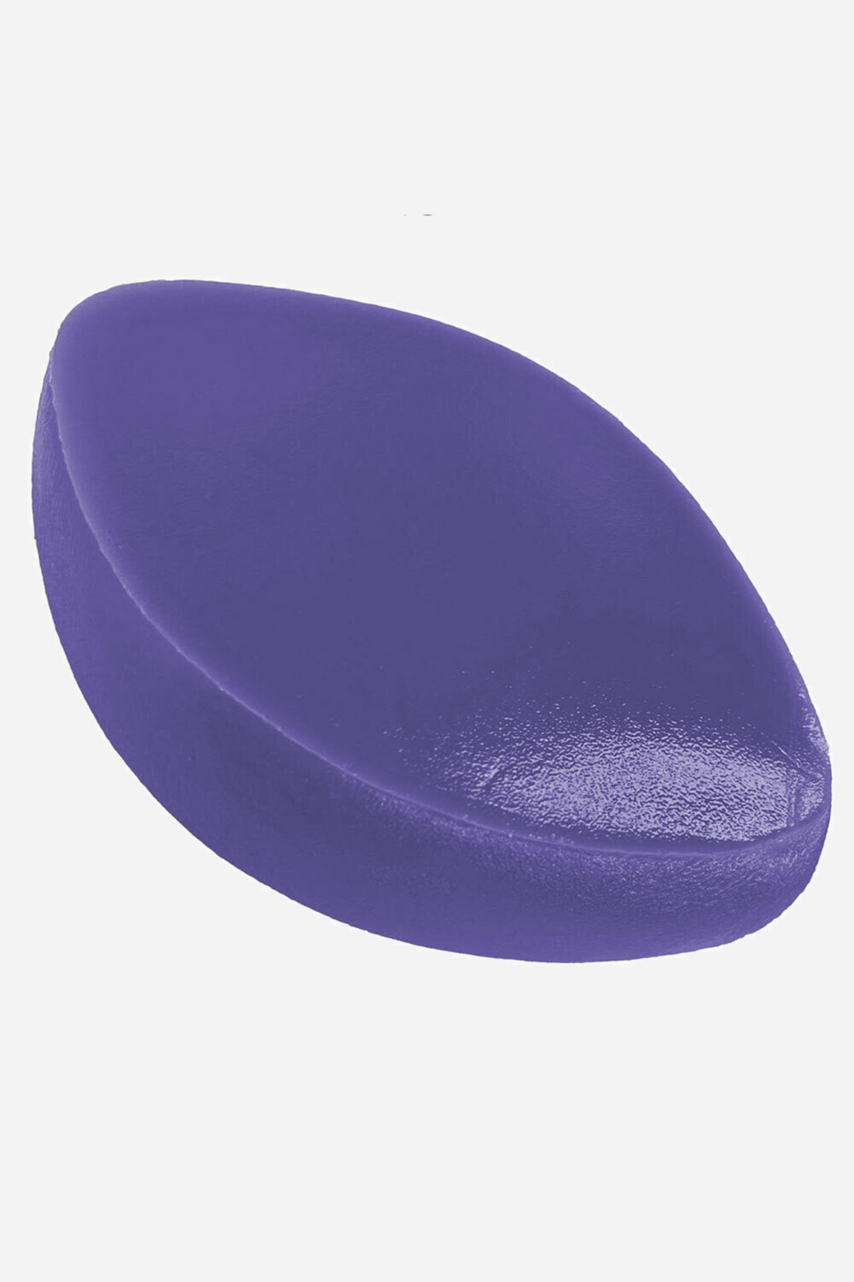 Purple cushion seen from the side, showing its rounded teardrop profile and glossy underside