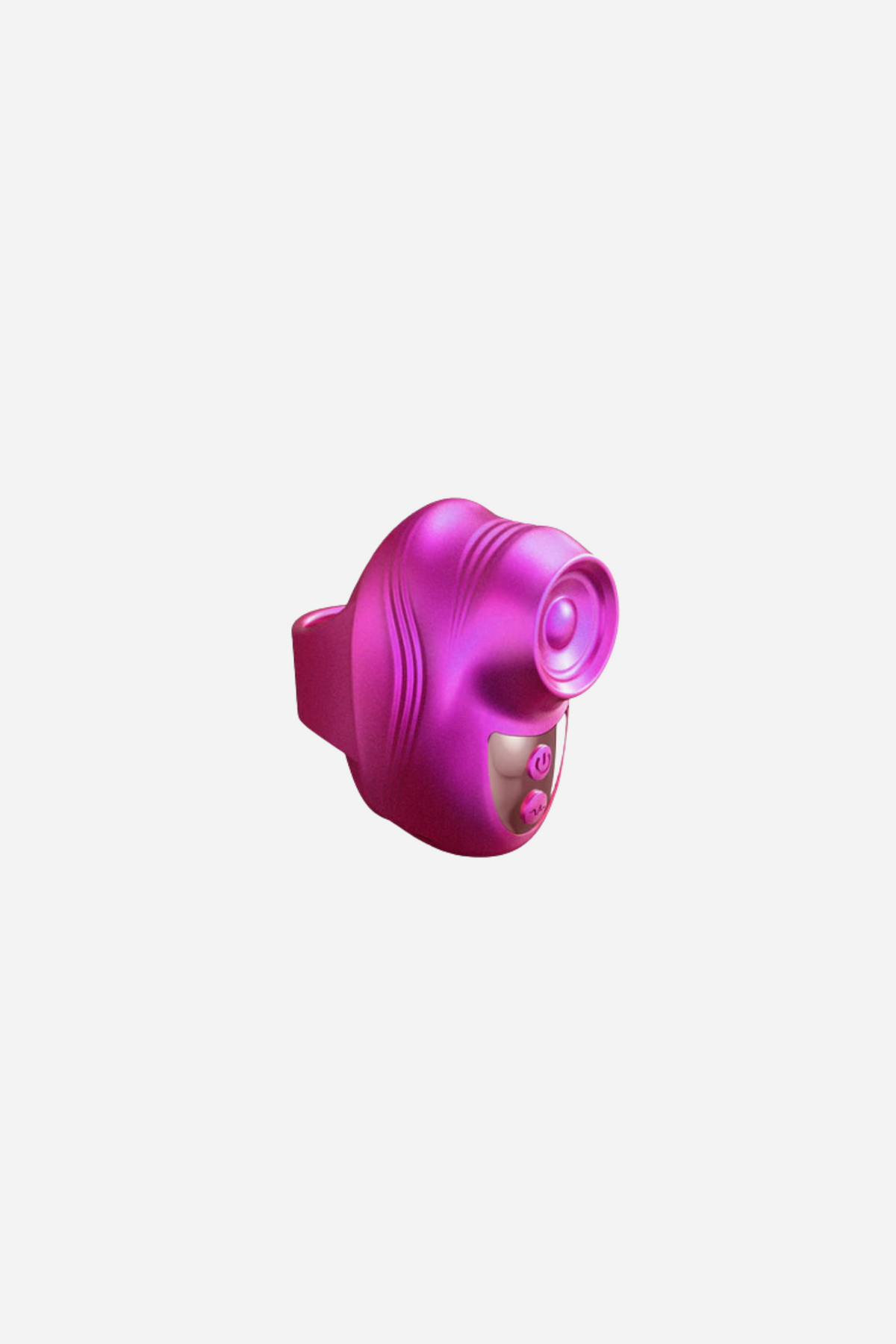 The finger tapping vibe in bright magenta, a rounded body with a soft tapping arm and a finger loop at the back, on a plain grey backdrop.