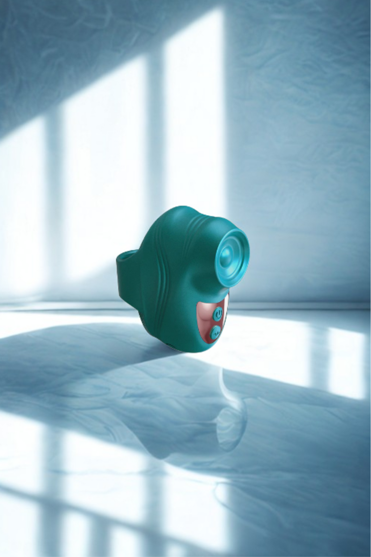 The teal version of the vibe resting on a pale marble surface, with soft window light and its reflection visible on the polished stone.