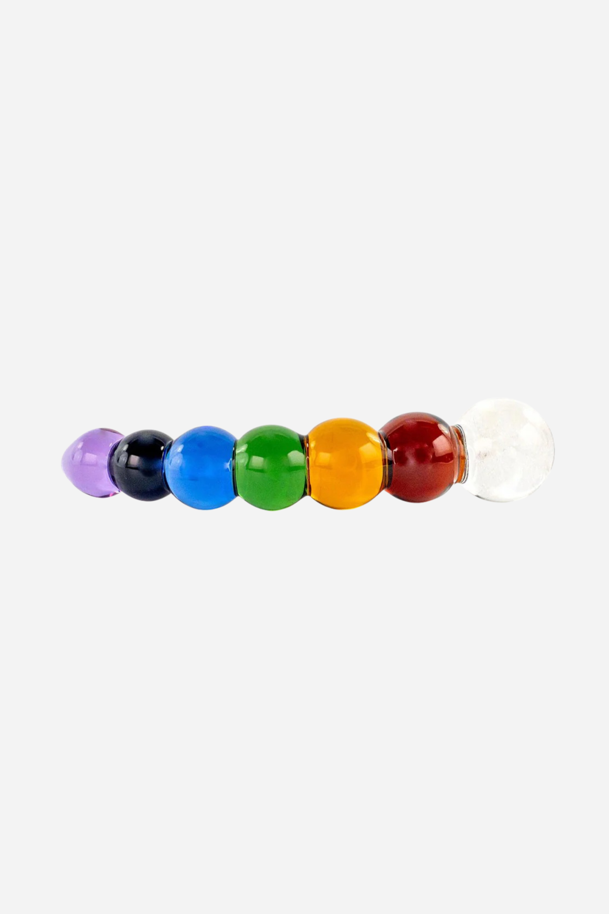Rainbow glass bubble dildo lying flat on grey, a row of round beads in purple, blue, green, orange and red ending in a clear bulb.
