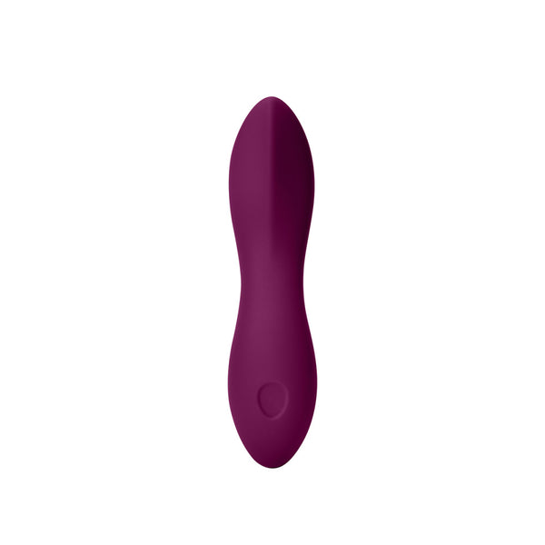 mix between a bullet vibe and a palm style vibe, oblong shape with a waist and single button in plum color