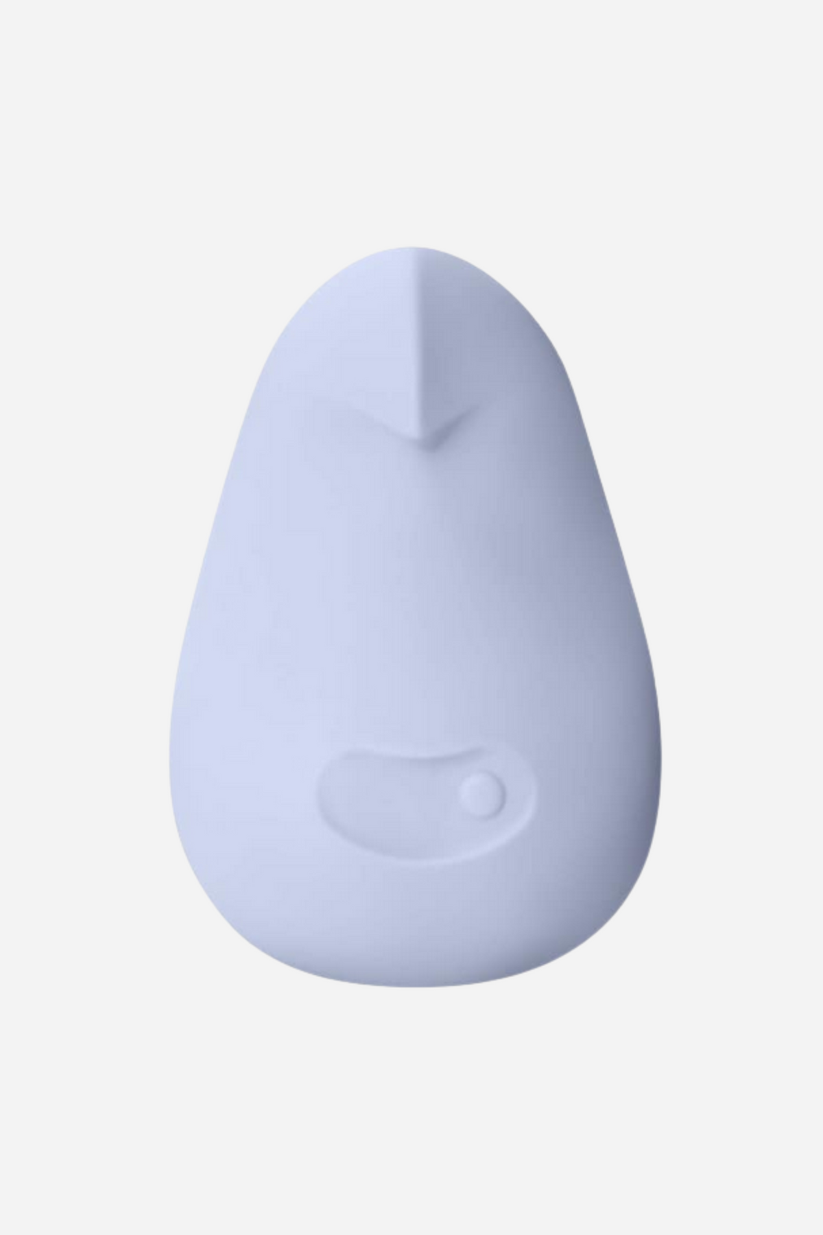 Front view of the Dame Pom Flexible Palm Vibe in ice blue, a soft rounded silicone shape with a tapered tip and an inset button panel