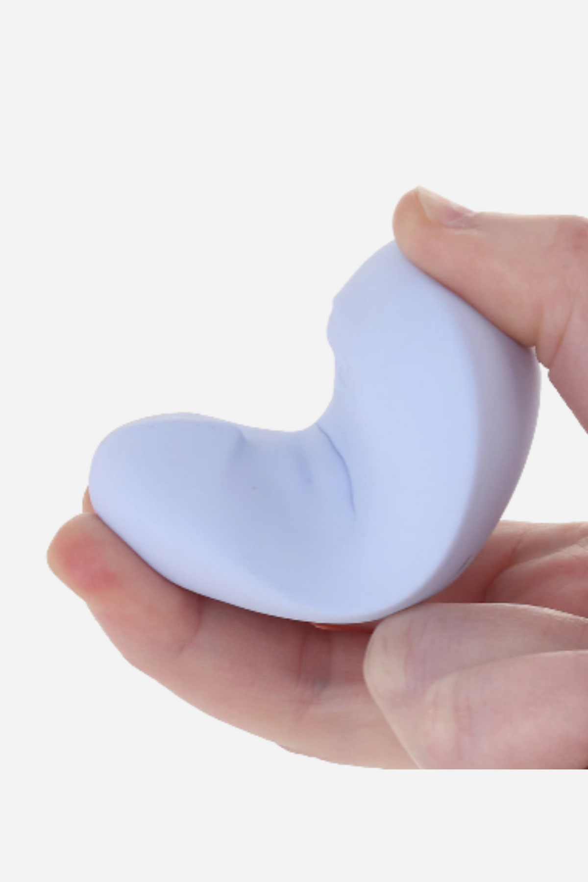 Fingers bending the ice blue Dame Pom Flexible Palm Vibe into a curve, demonstrating how its soft silicone body flexes to hug the body