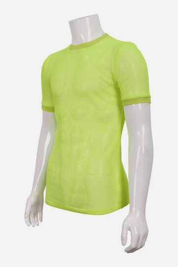 Neon yellow Dance Punk see-through mesh tee with short sleeves and a ribbed crew neck, shown on a white mannequin from a three-quarter angle