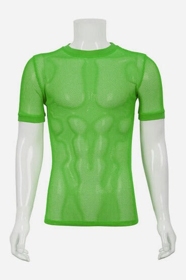 Neon green Dance Punk see-through mesh tee with short banded sleeves and a crew neck, shown from the front on a white male torso mannequin