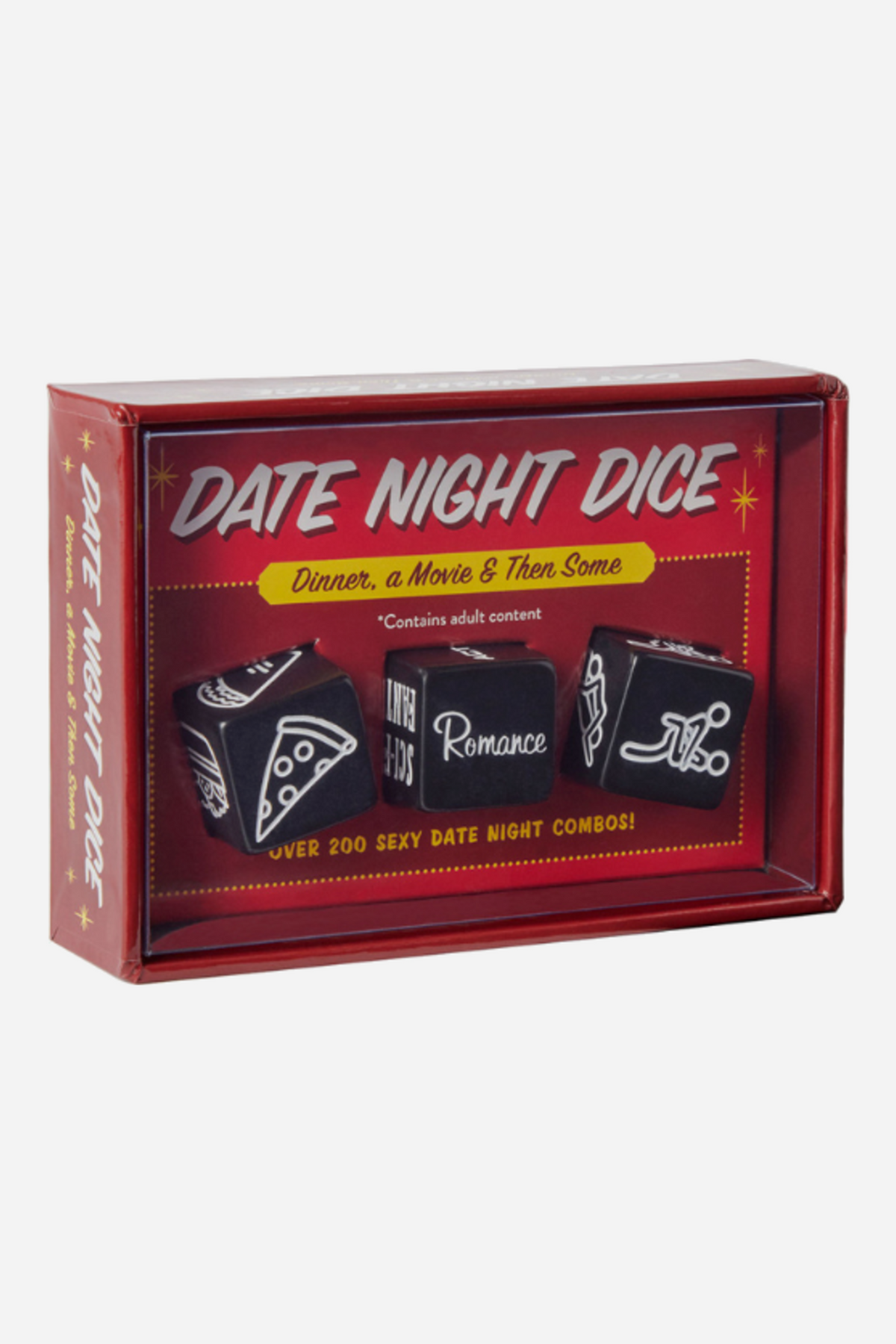Red Date Night Dice box with a clear window showing three black dice with pizza, romance and position icons, labelled Dinner, a Movie and Then Some
