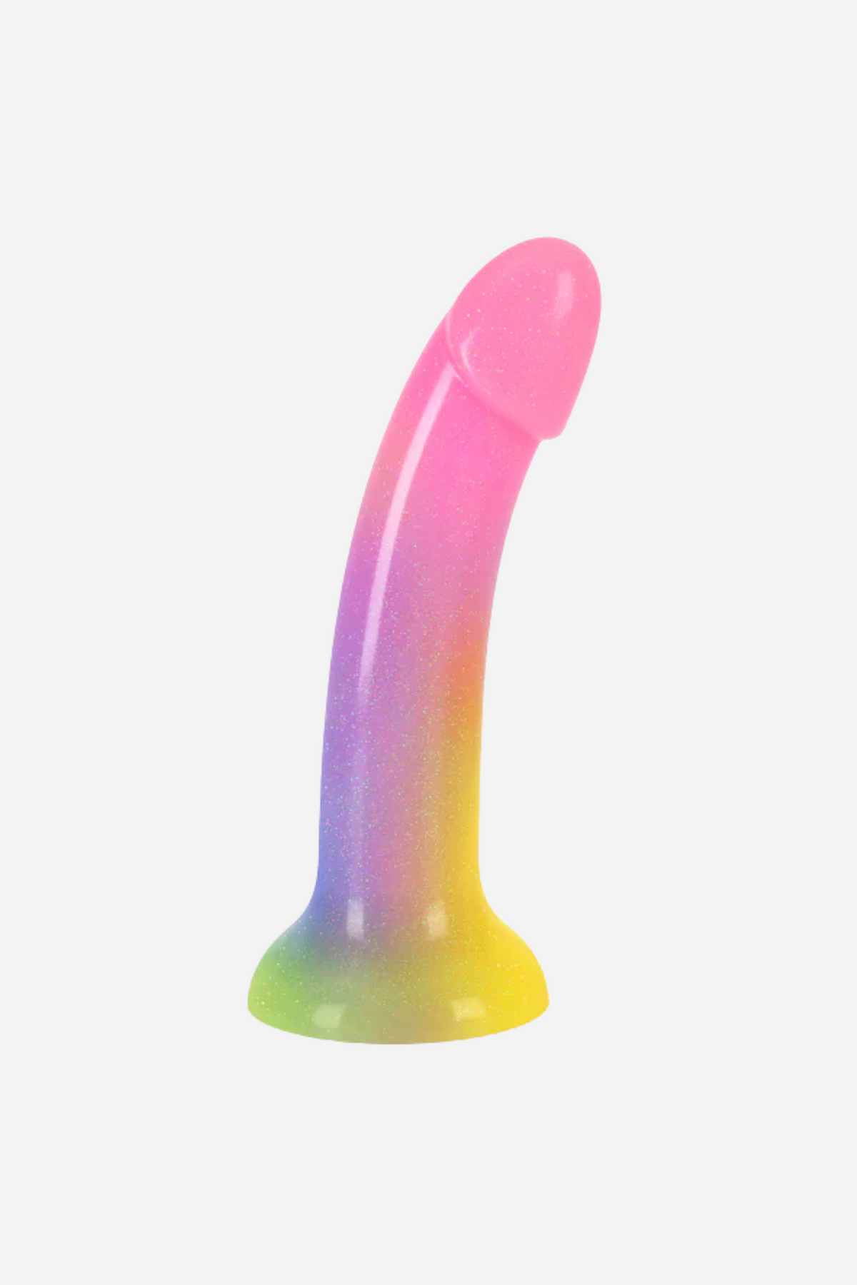 A translucent rainbow dildo with a gently curved shaft, shading from pink at the tip through purple to yellow-green at the base, on a grey backdrop.