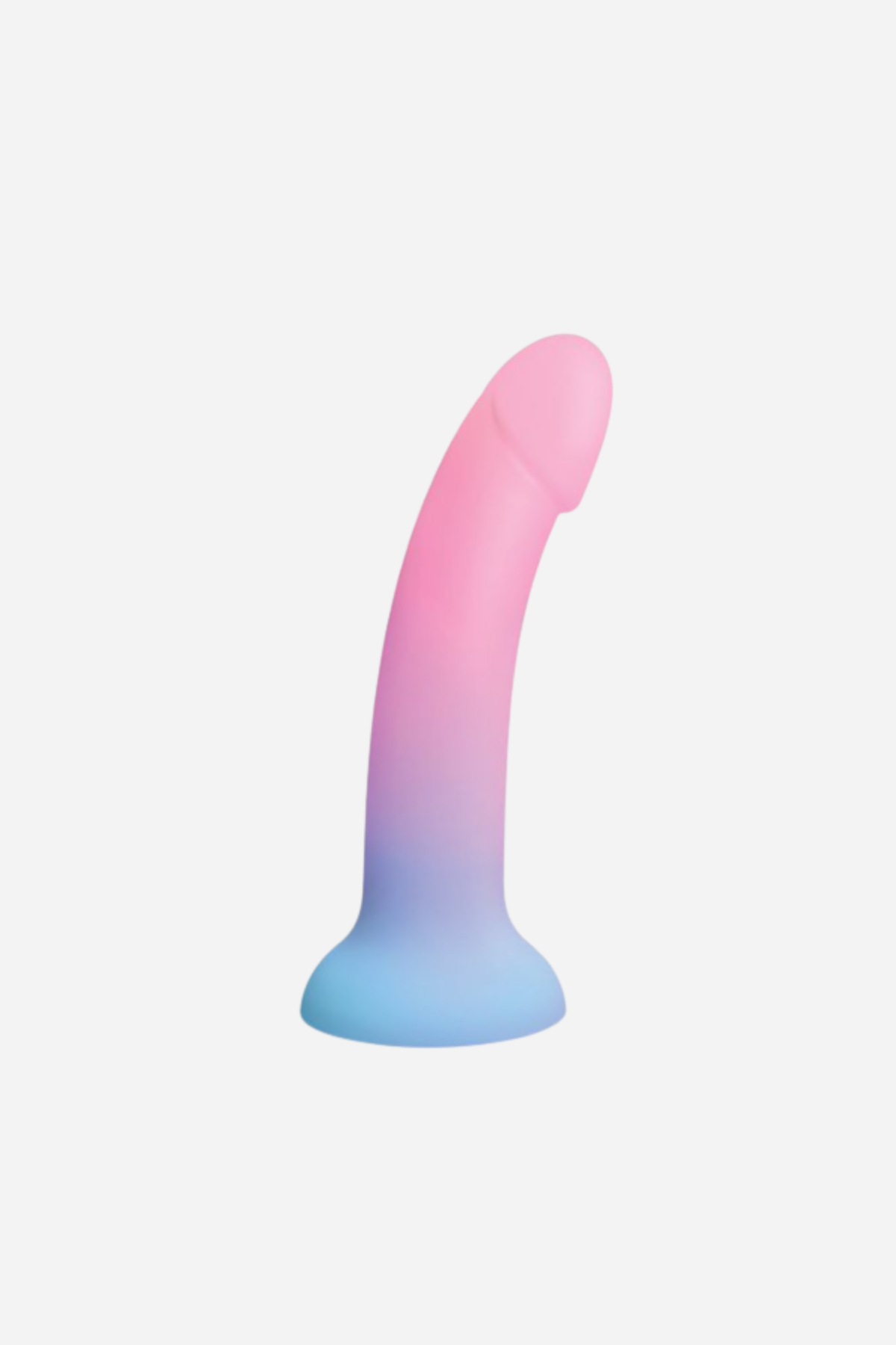 Dildolls Utopia dildo on grey, a smooth curved shaft fading from pink through lilac to blue above a matching flared suction base.