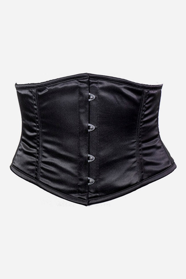 Front of the Discreet Rendezvous waist cincher in black satin, a short steel-boned underbust corset with a silver busk closure