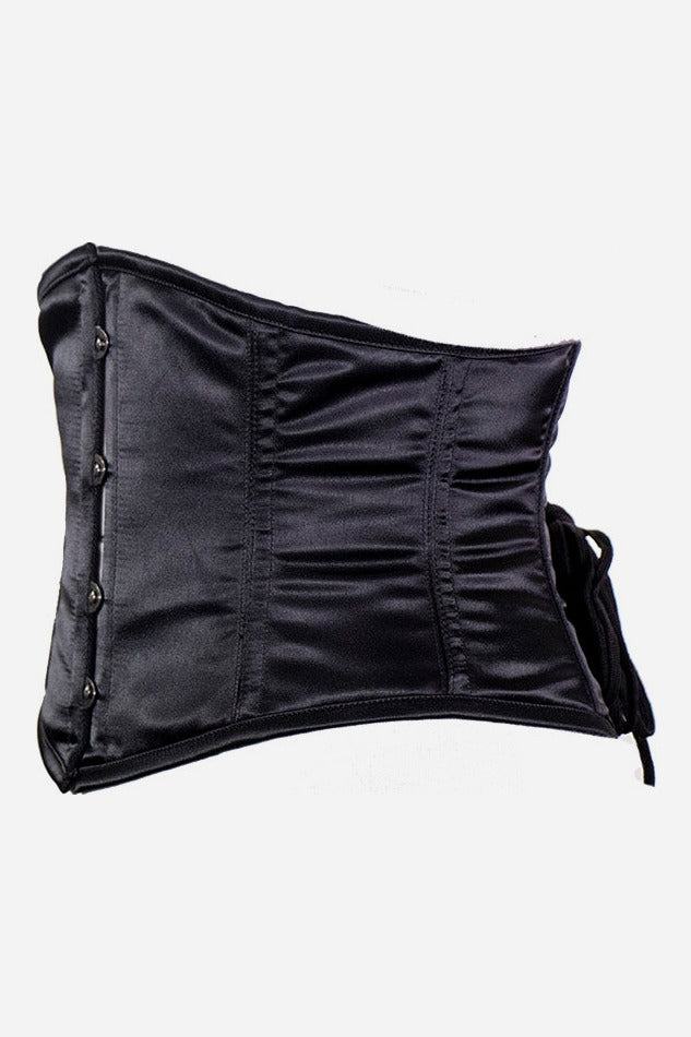 Side view of the black satin Discreet Rendezvous waist cincher showing its short curved profile, boning channels and lace ties
