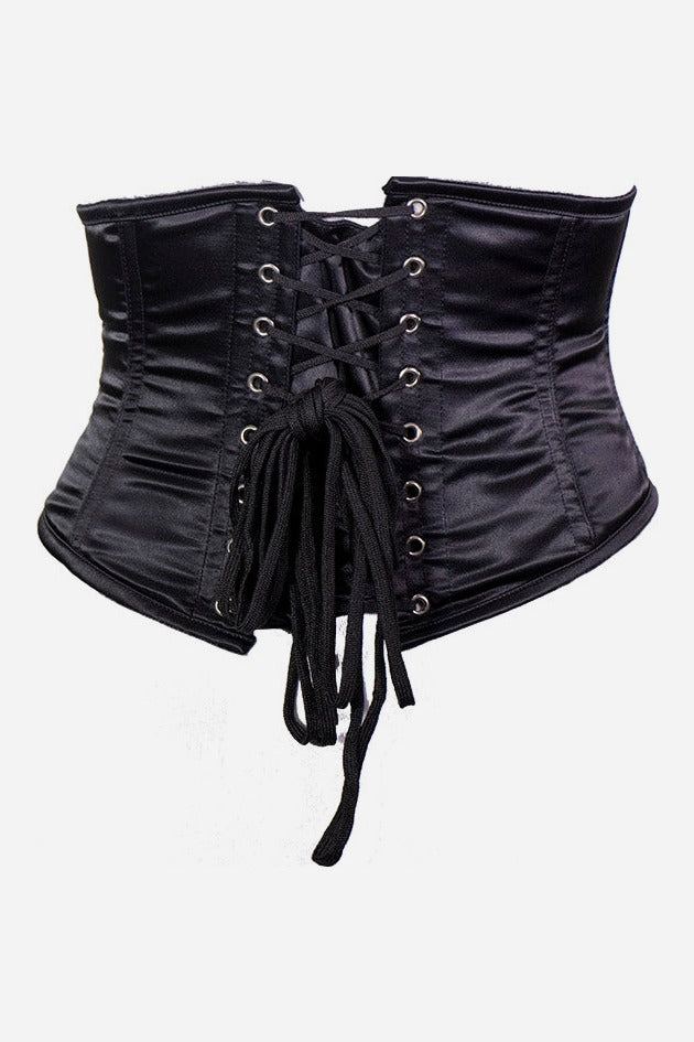 Back of the Discreet Rendezvous waist cincher in black satin with grommet lacing and long black laces for adjustable cinching