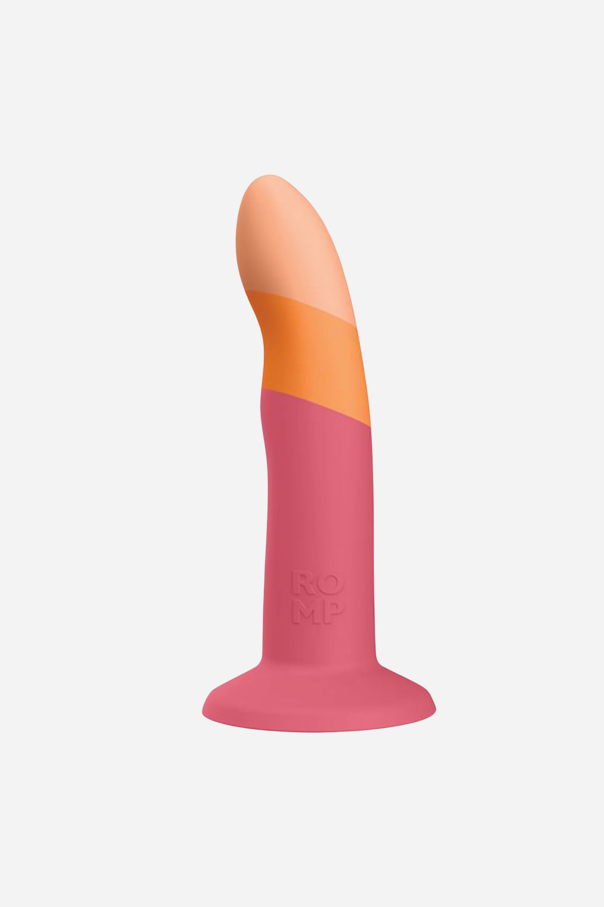 A two-tone pegging dildo standing upright on a wide flared base, a deep rose pink shaft shading to a coral orange tip, on a grey backdrop.