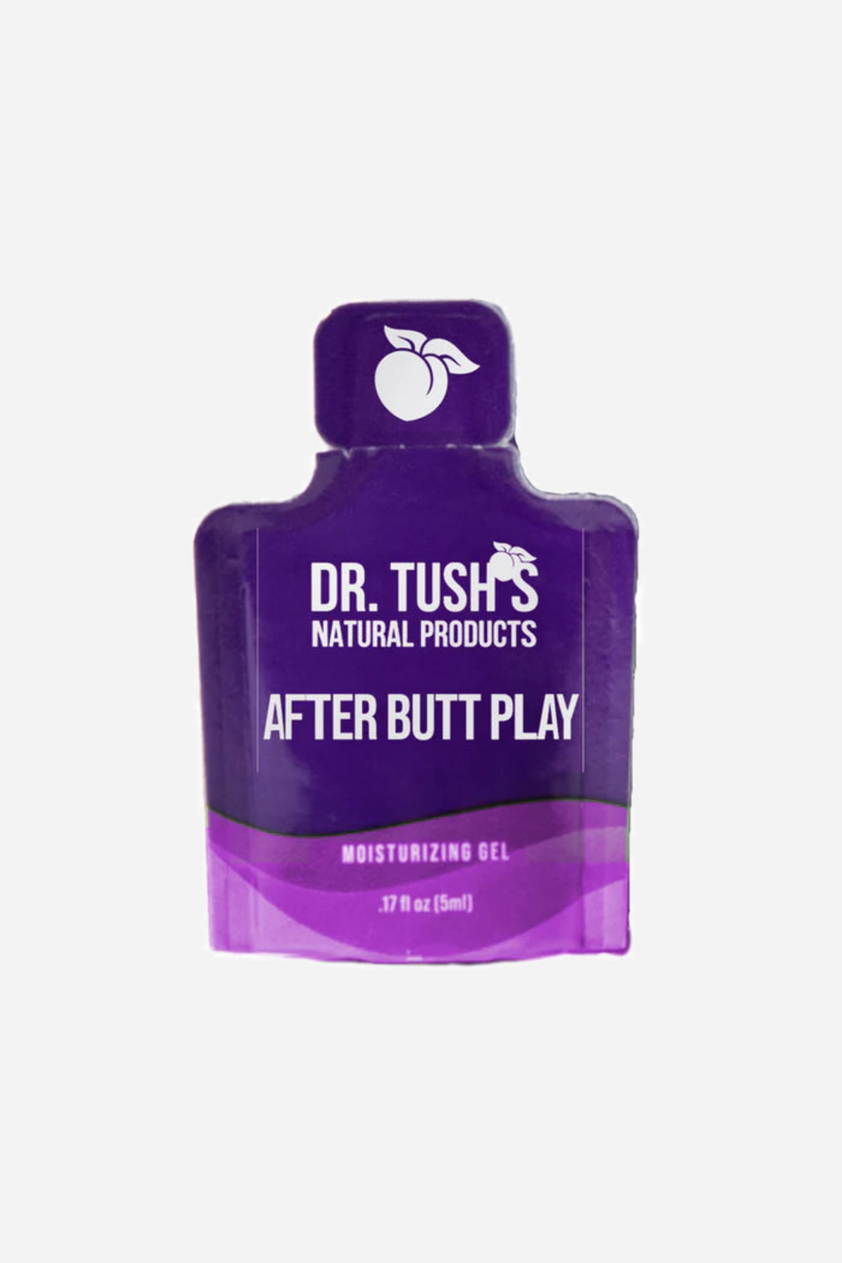 Purple Dr Tush's After Butt Play sachet on grey, a single use foil packet marked natural products, after butt play and moisturizing gel.