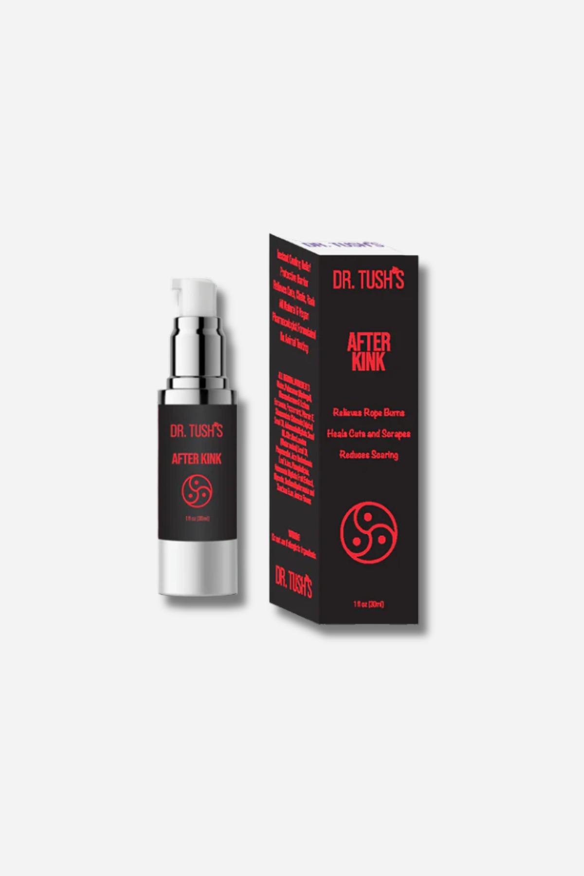 Dr. Tush's After Kink Serum in a silver and black 1 oz pump bottle beside its black box with red text and a red triskelion logo