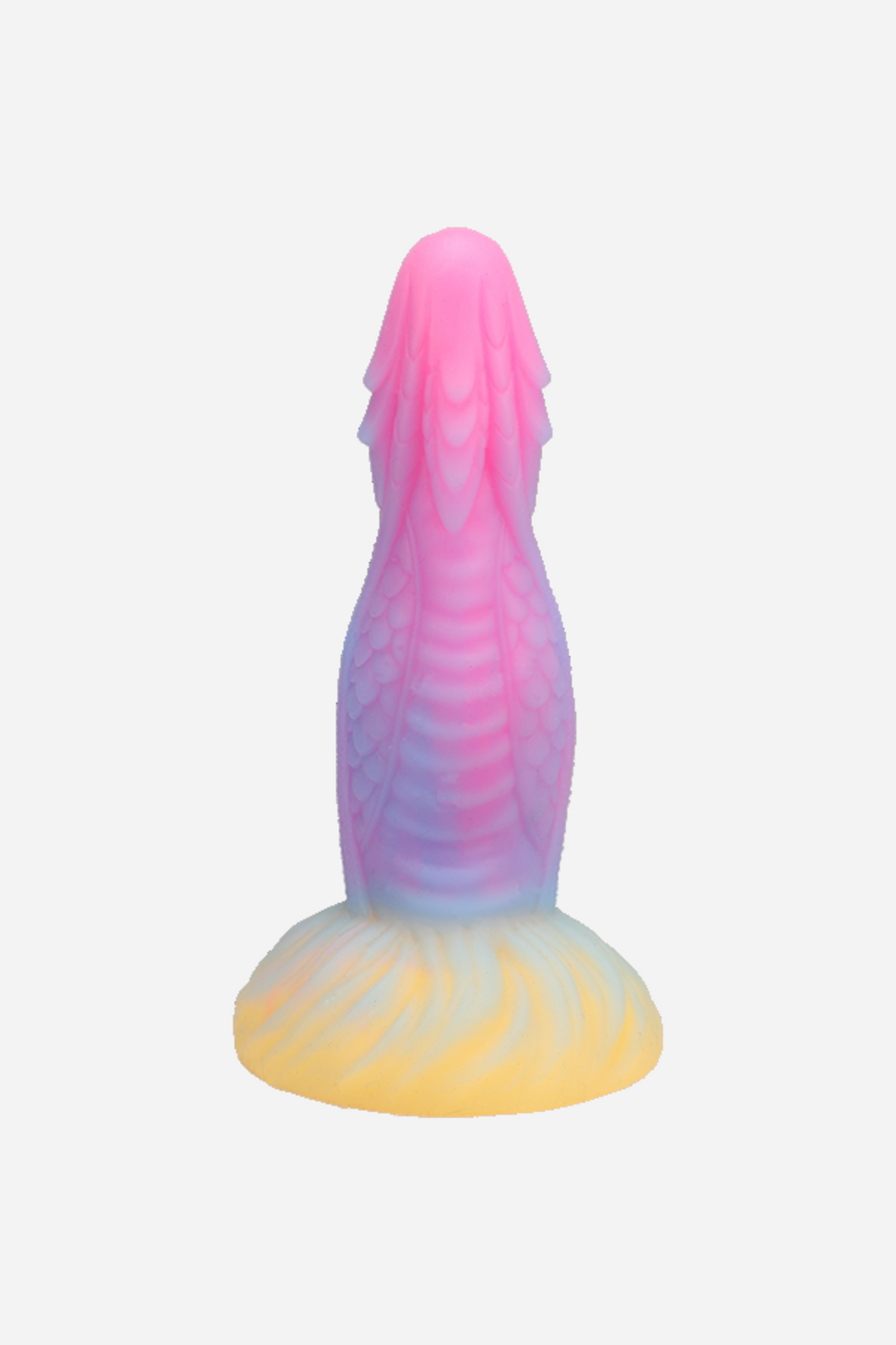 Back view of the Dragon's Tongue dildo, showing the scaled texture wrapping around the shaft above its wide pale yellow suction base.