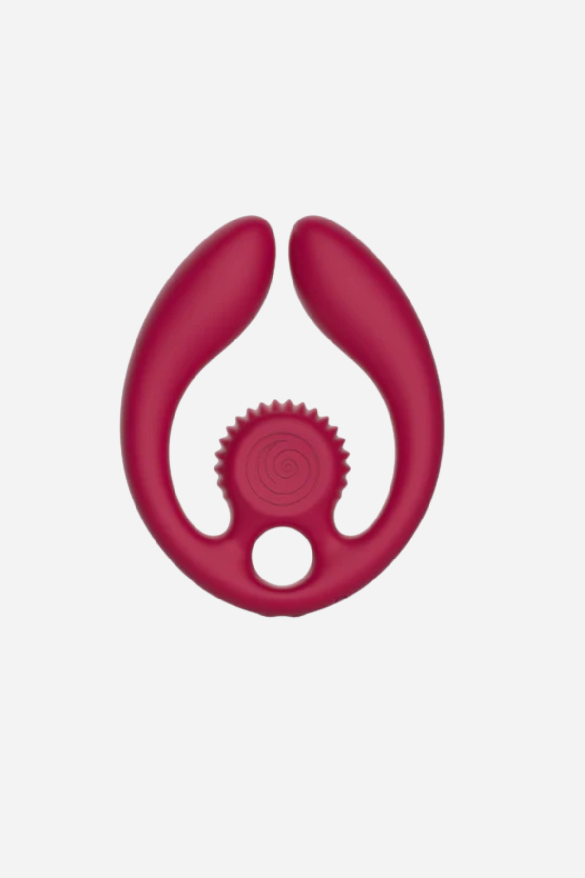 Gizi Duo dual-ended snail vibrator in burgundy, a flexible U-shaped toy with two curved arms, a textured rolling head and a finger loop