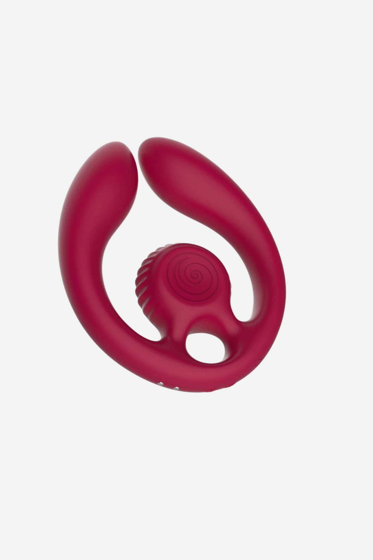 Burgundy Gizi Duo turned at an angle to show the ridged rolling snail head and the soft curved arms of this dual-ended vibrator