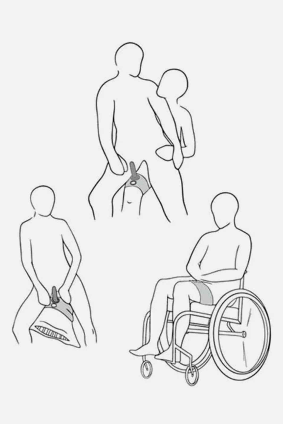 Line drawings on grey of positions using the Dual Penetration Thigh Harness, including kneeling, seated astride and from a wheelchair for accessible play.