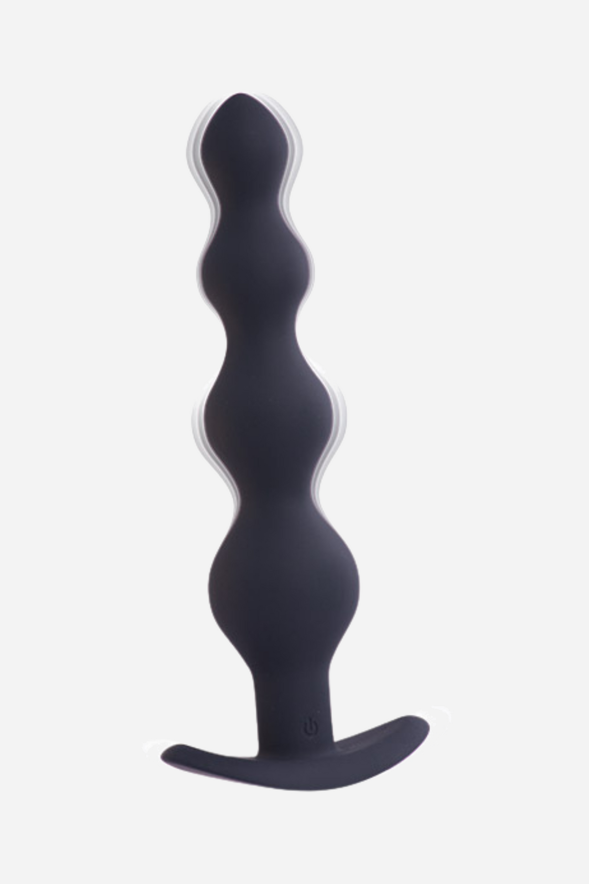 A matte black silicone anal bead wand with four graduated round beads tapering upward, on a curved flared base, against a grey backdrop.