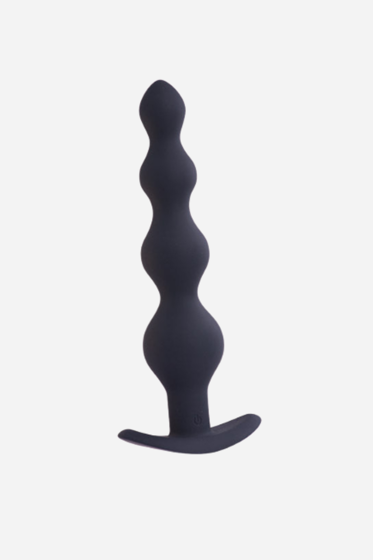 A closer view of the same black beaded wand, showing the four tapering beads and the narrow neck above its curved flared base.