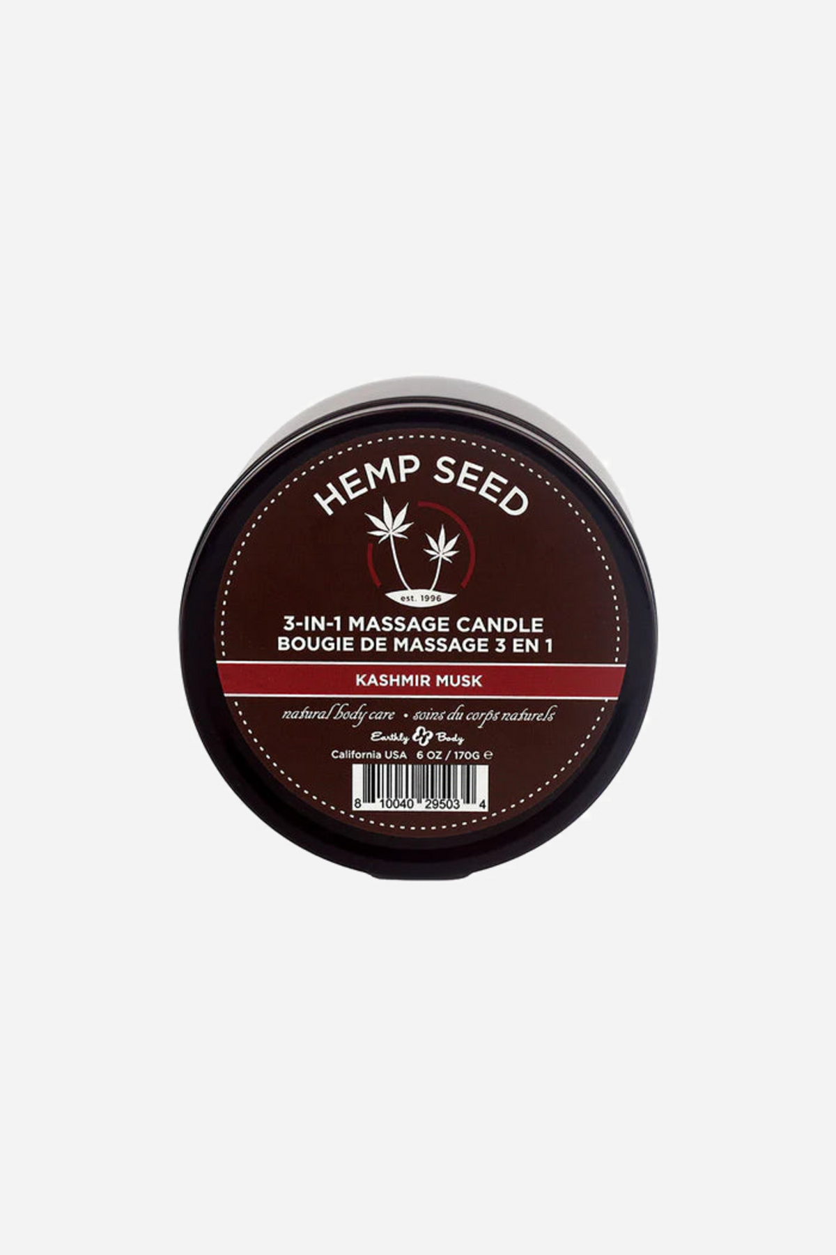 The lid of the Hemp Seed Kashmir Musk massage candle photographed face on, showing the dark label and the small leaf logo above it