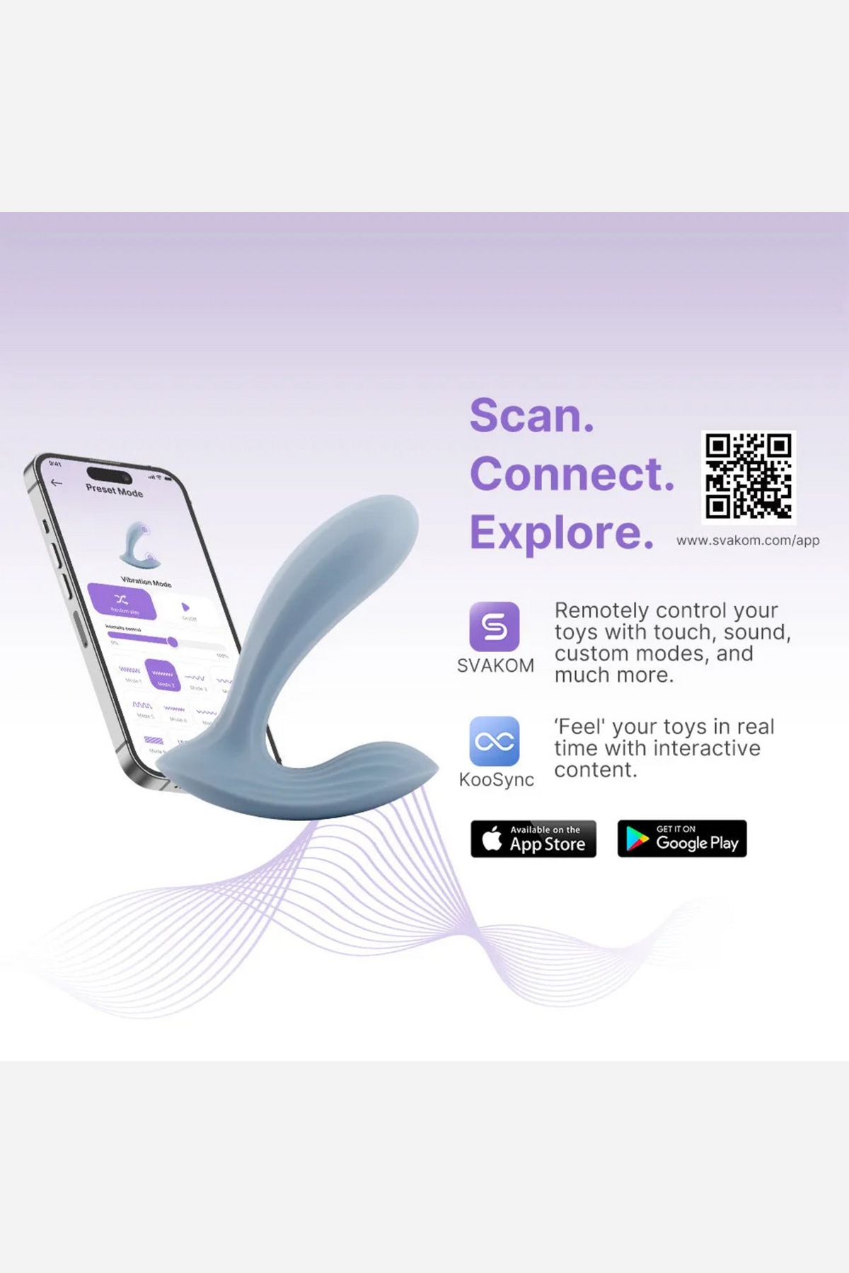Panel reading Scan. Connect. Explore. with a QR code, the dusty blue Erica vibe and App Store and Google Play download badges.