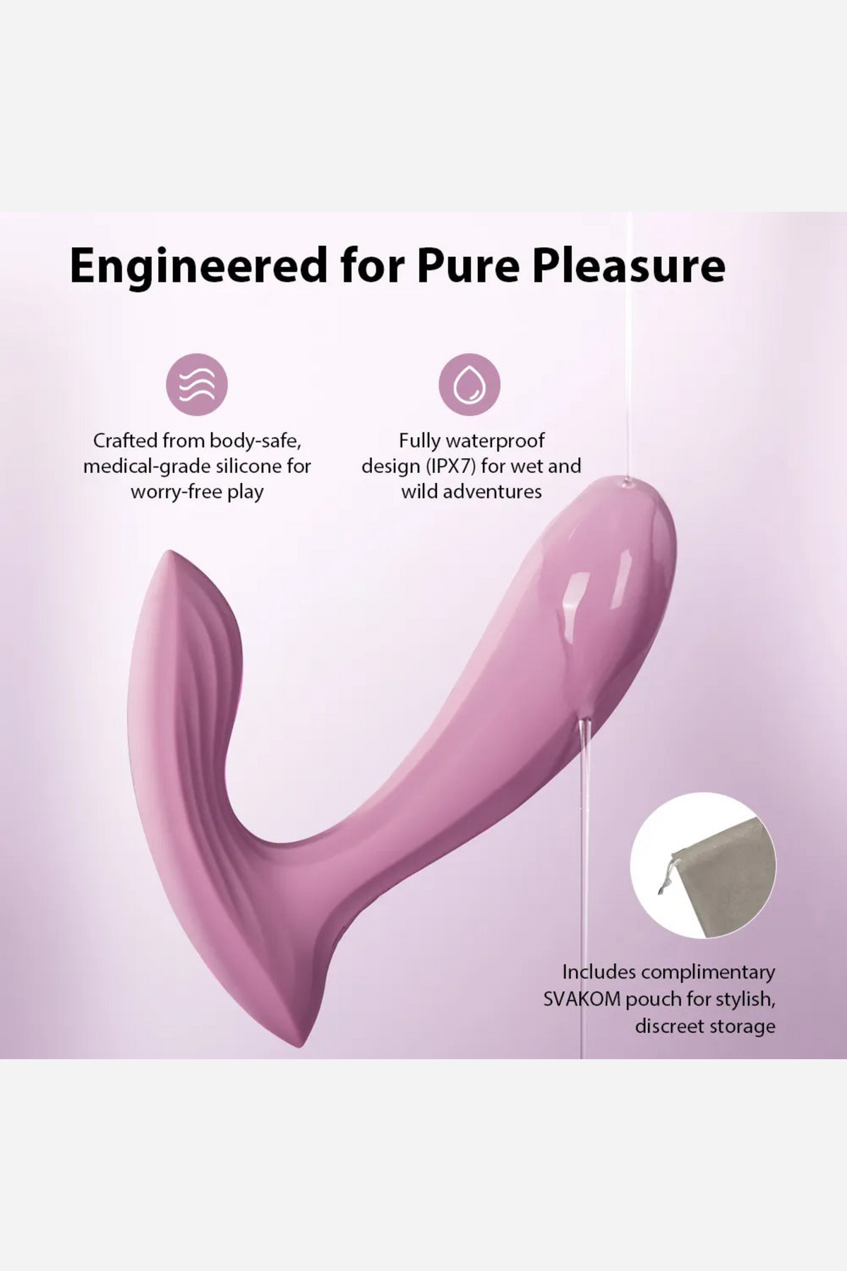 Feature panel headed Engineered for Pure Pleasure, with the dusty pink Erica vibe and callouts for its motors, waterproofing and fit.