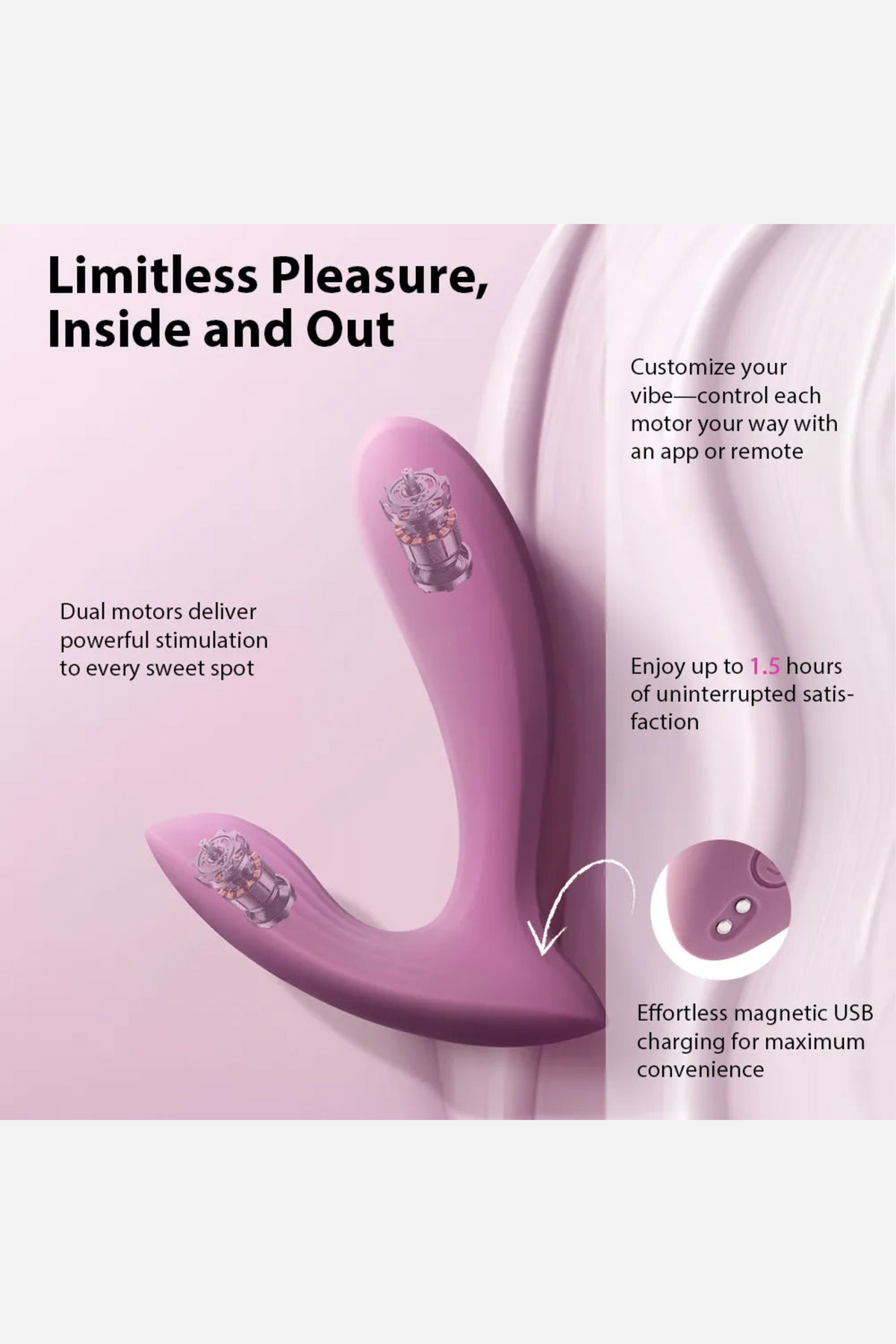 Feature panel headed Limitless Pleasure, Inside and Out, with callouts around the pink Erica vibe covering its two motors and USB charging.