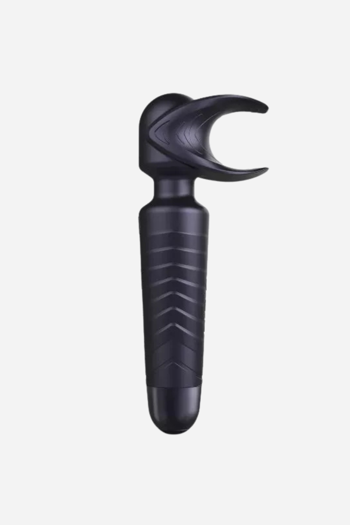The Evo stroking wand in black, a ribbed handle topped with a curved two pronged head, standing upright on a plain grey backdrop.