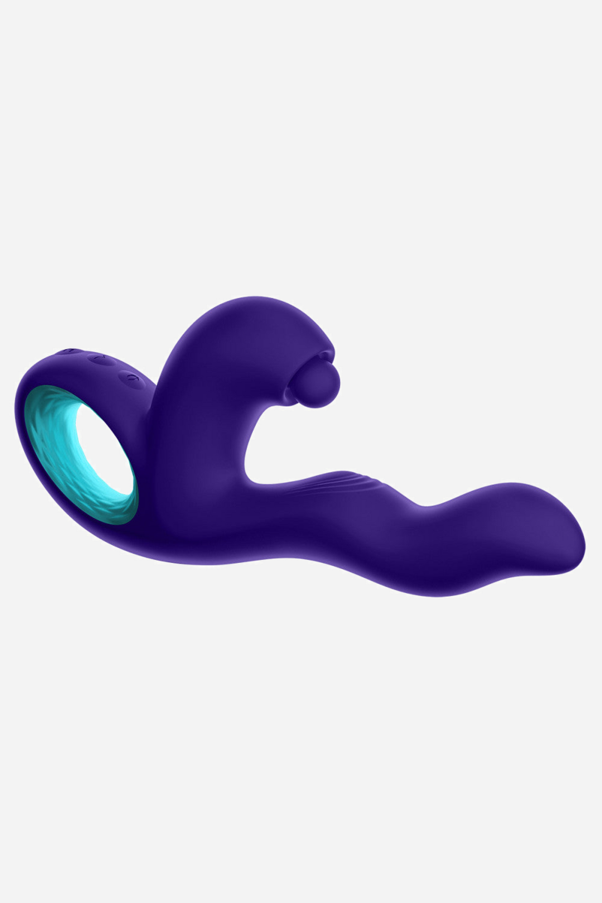 The purple Klio rabbit vibrator laid on its side, showing the ridged shaft, the short thumping arm and the turquoise control panel