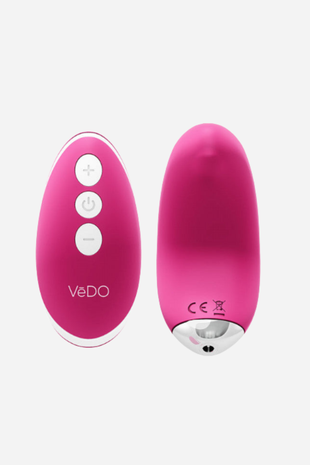 Pink Flexi Niki panty vibe on grey beside its matching oval remote, which has three round buttons down the front of the casing.