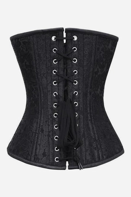Back of the black brocade Flourish overbust corset showing black laces crossed through two rows of silver grommets with black satin edging