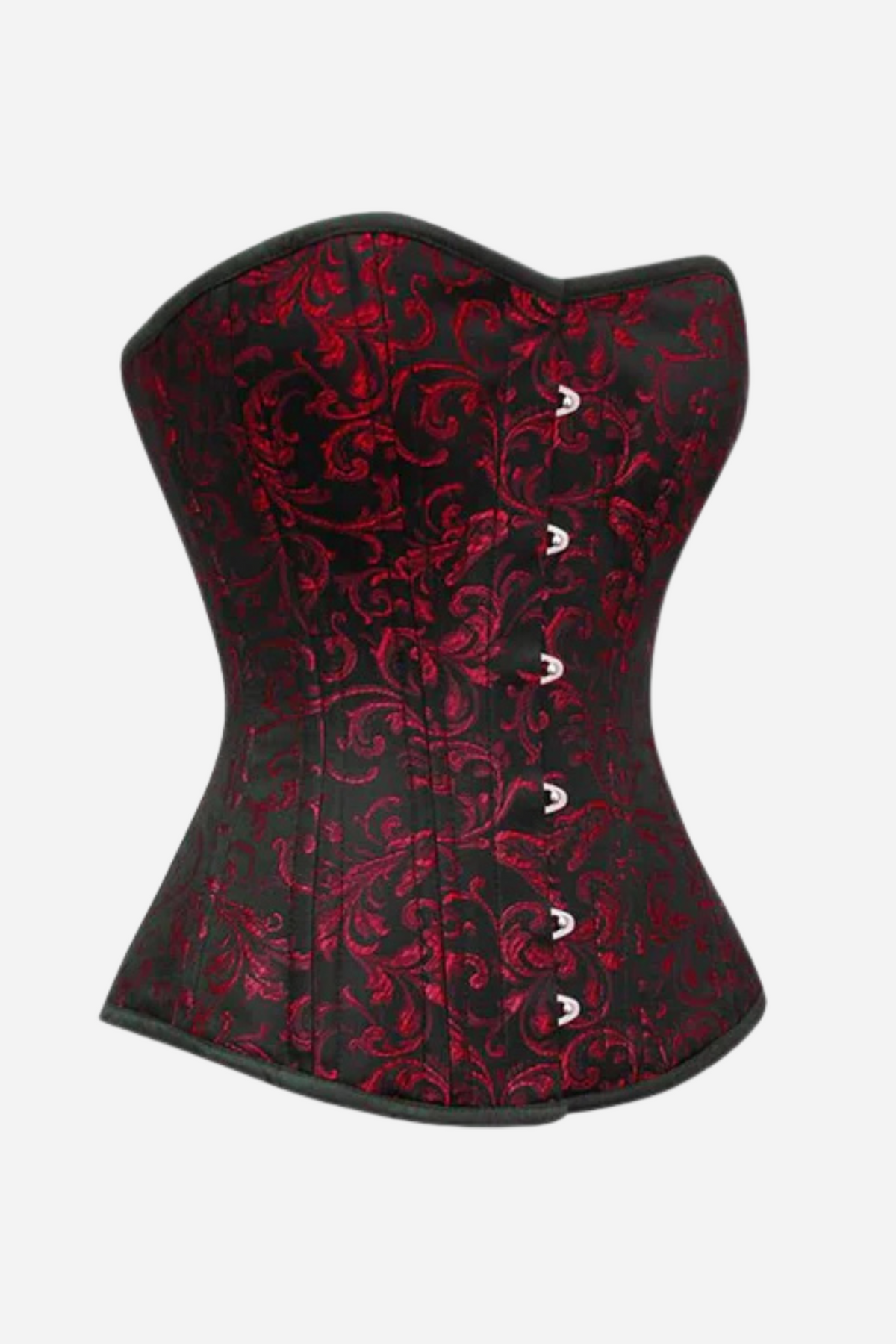 Side view of the Flourish overbust corset in black with red swirling brocade, sweetheart neckline, steel front busk and black satin trim