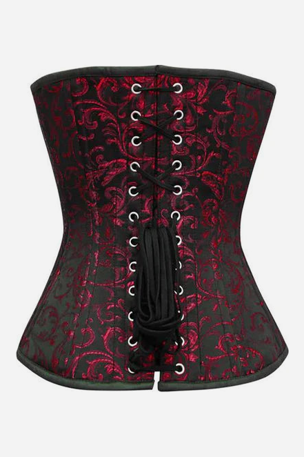 Back view of the Flourish overbust corset in black and red brocade with silver grommets and black laces down the centre back