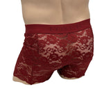butt mannequin shows off the back view of a see through lacy men's lace boxers in black cherry red