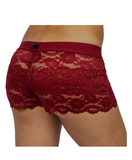 white female model in size small faces away from camera to show off the see through women's lace boxers in cherry