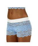 white female model in size small faces camera to show off the semi see through women's lace boxers in light blue